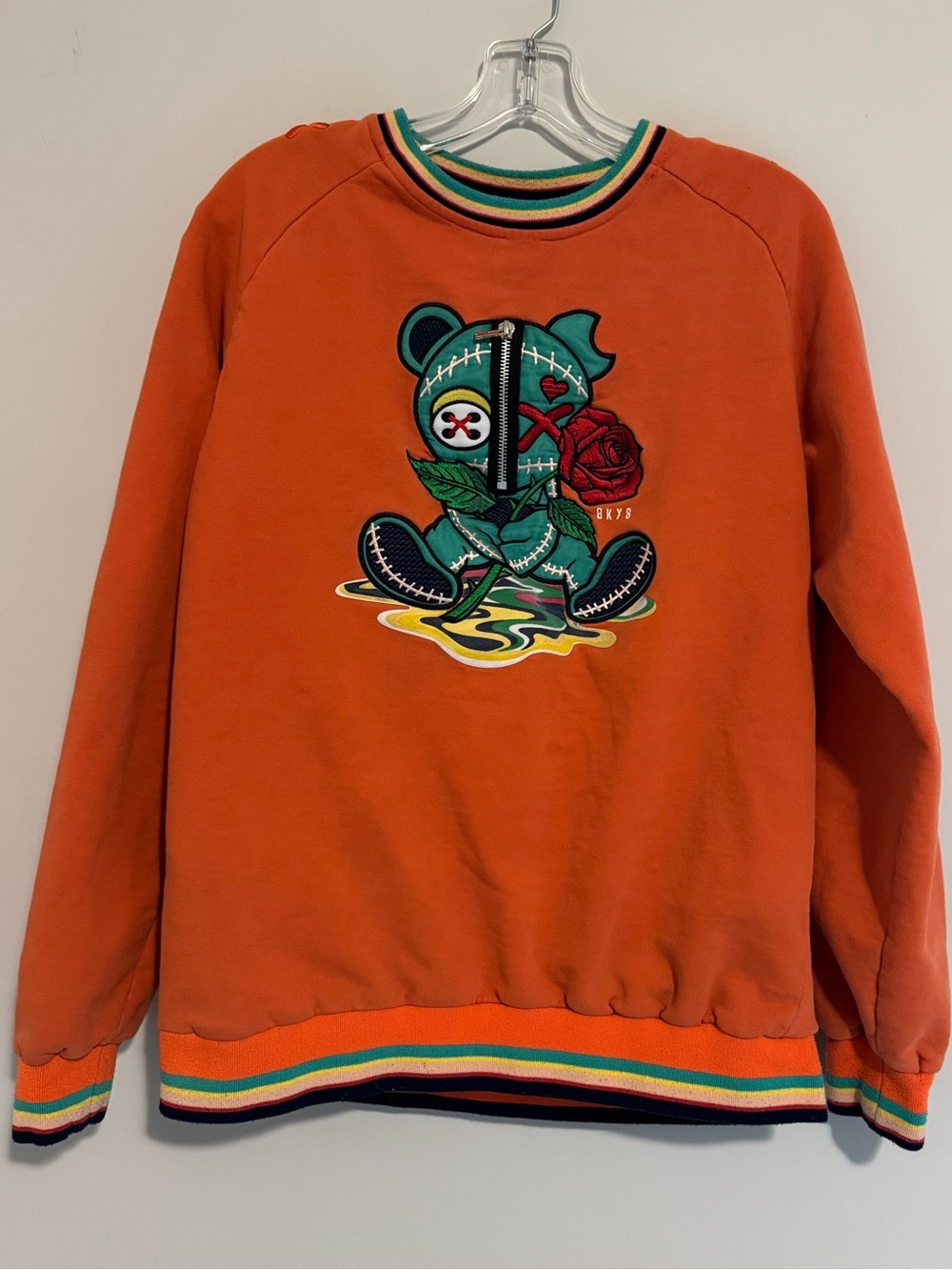 Men’s Orange Crewneck Sweatshirt with Green Patch Bear and Rose